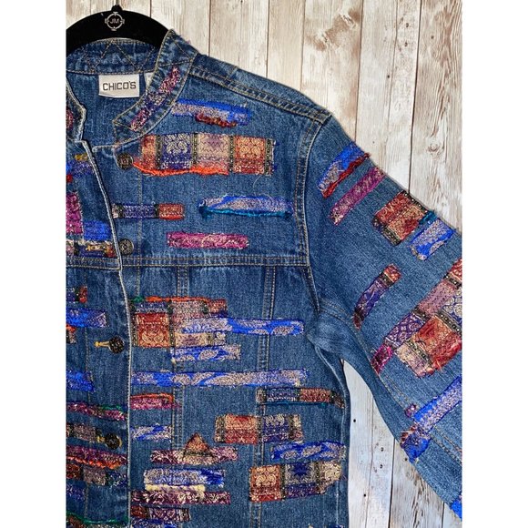 Chicos Womens Embroidered Jean Jacket Size 0 Multicolor Fringe Frayed Size Small - Picture 4 of 12